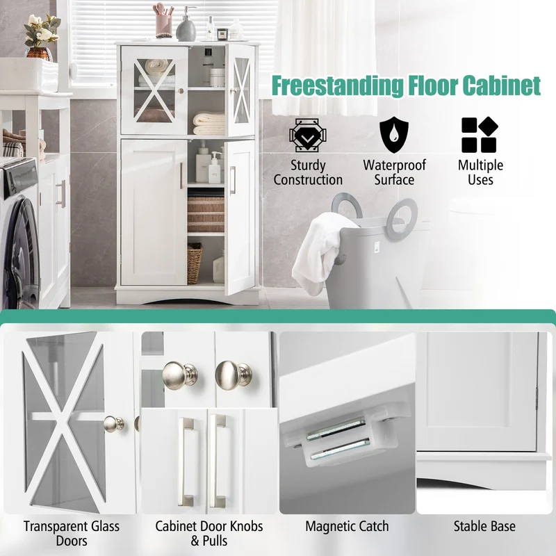 4 Door Freestanding Bathroom Cabinet, Adjustable Shelves, White