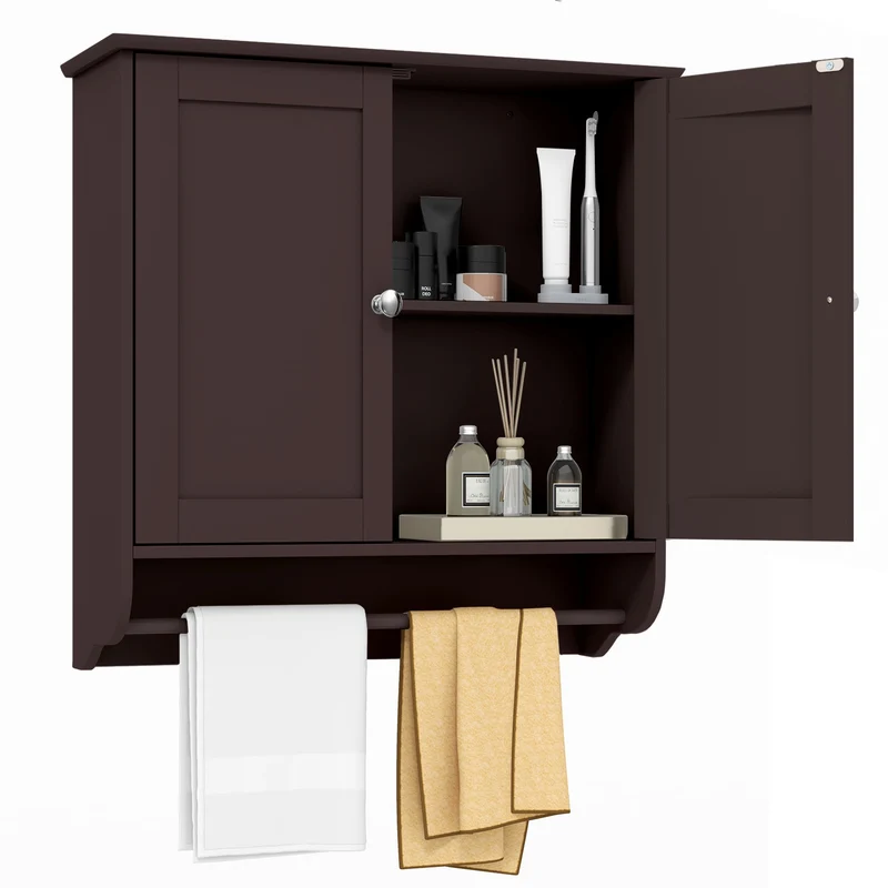 Wall Mounted Bathroom Medicine Cabinet With Towel Bar, Brown
