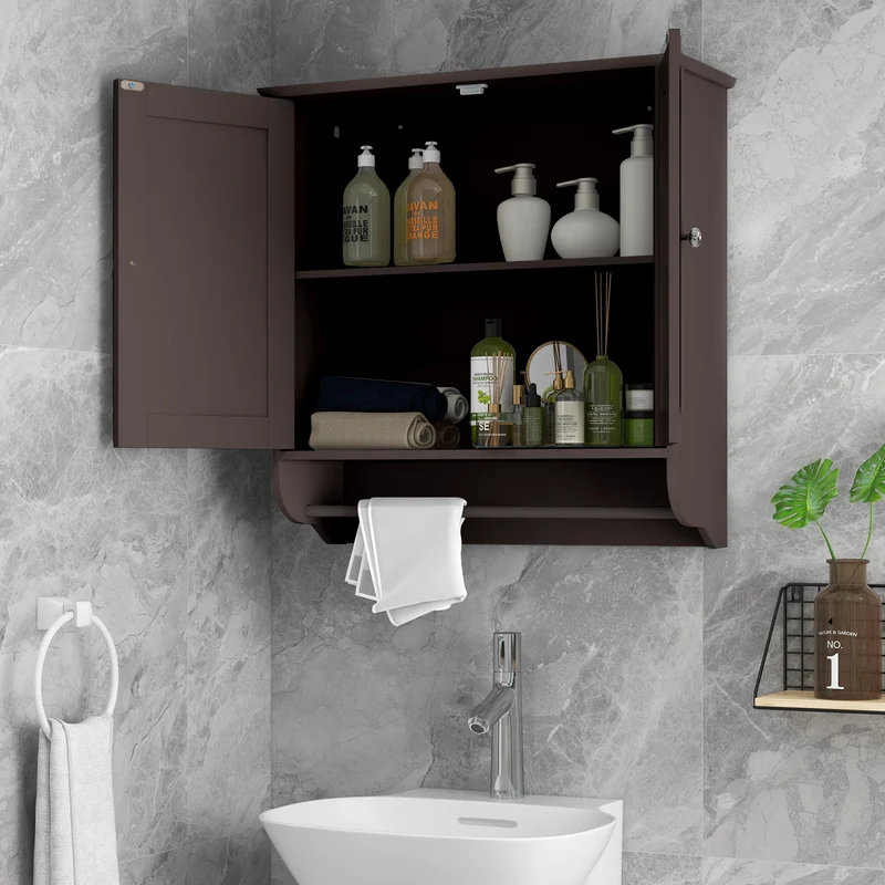 Wall Mounted Bathroom Medicine Cabinet With Towel Bar, Brown