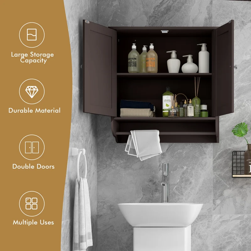Wall Mounted Bathroom Medicine Cabinet With Towel Bar, Brown