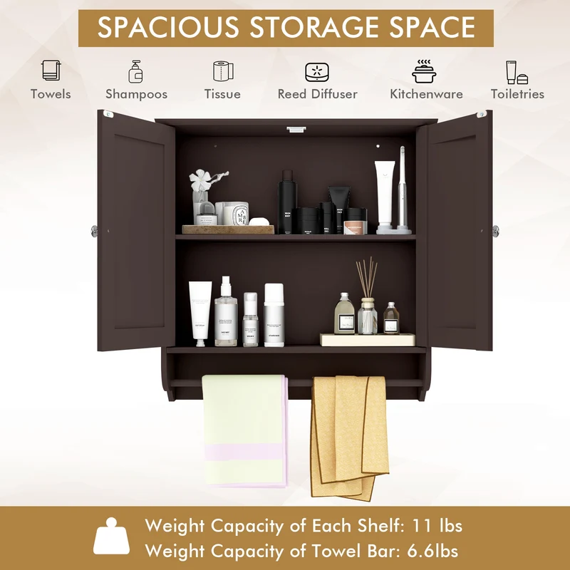Wall Mounted Bathroom Medicine Cabinet With Towel Bar, Brown