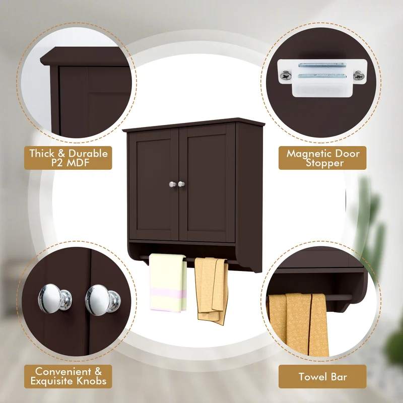 Wall Mounted Bathroom Medicine Cabinet With Towel Bar, Brown