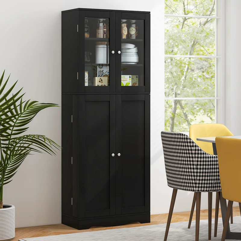 Tall Kitchen Pantry Cabinet, Dual Tempered Glass Doors, Black