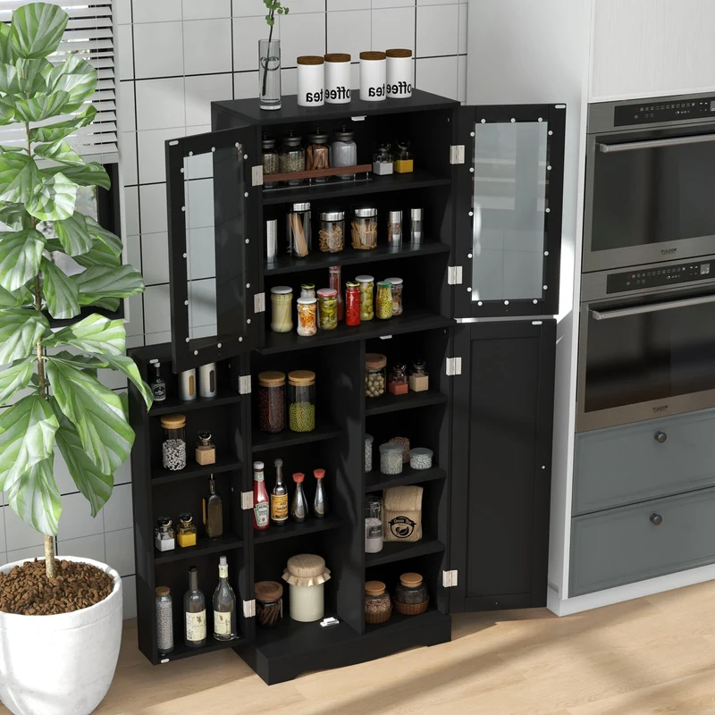 Tall Kitchen Pantry Cabinet, Dual Tempered Glass Doors, Black