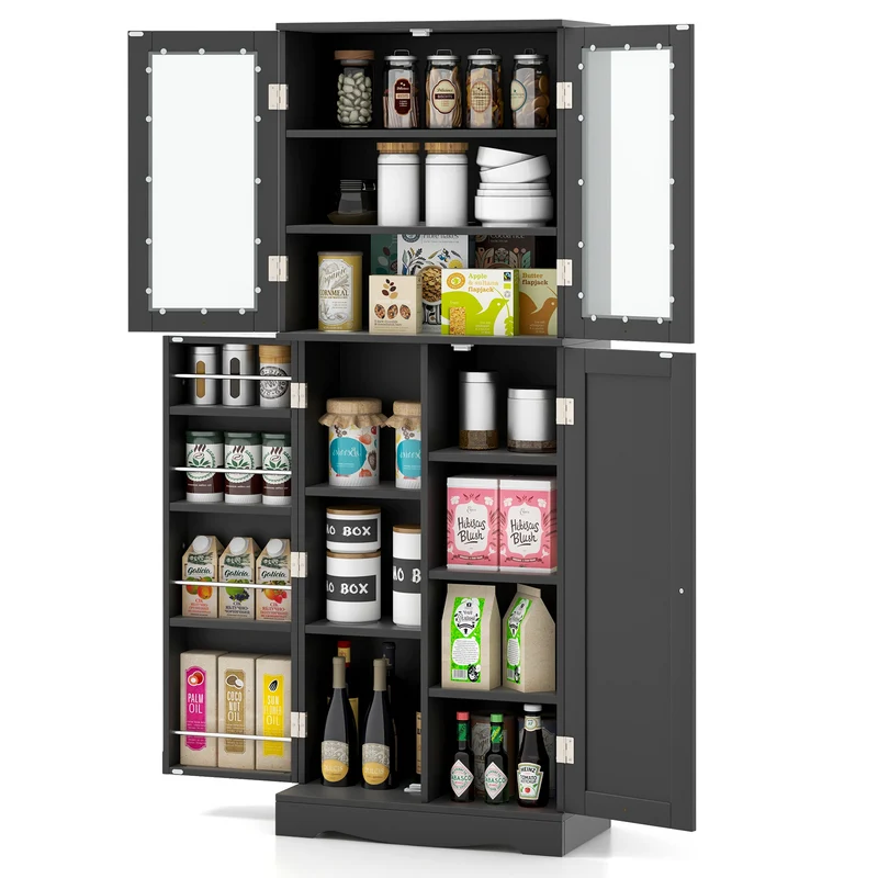 Tall Kitchen Pantry Cabinet, Dual Tempered Glass Doors, Black
