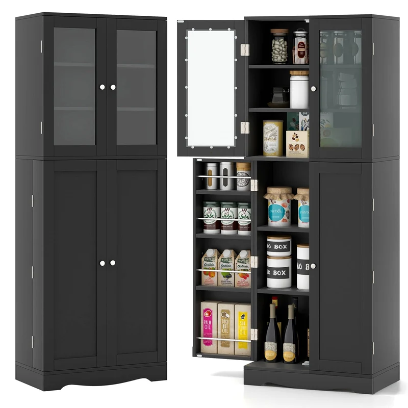 Tall Kitchen Pantry Cabinet, Dual Tempered Glass Doors, Black