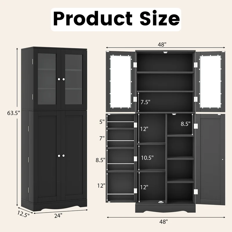 Tall Kitchen Pantry Cabinet, Dual Tempered Glass Doors, Black