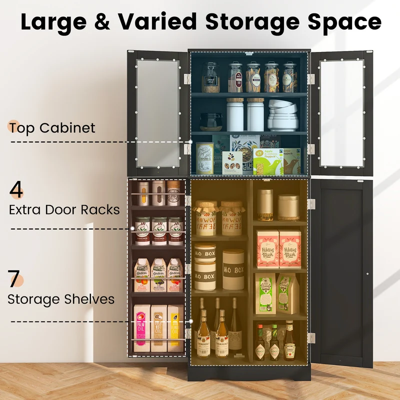 Tall Kitchen Pantry Cabinet, Dual Tempered Glass Doors, Black