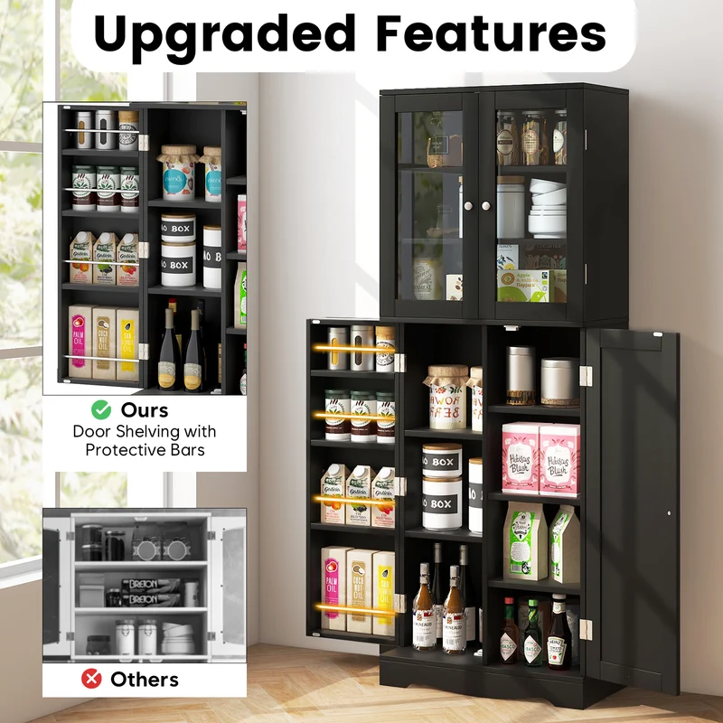Tall Kitchen Pantry Cabinet, Dual Tempered Glass Doors, Black