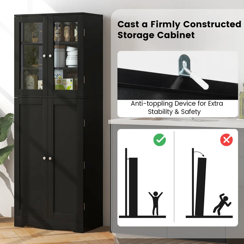 Tall Kitchen Pantry Cabinet, Dual Tempered Glass Doors, Black