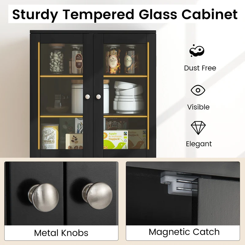 Tall Kitchen Pantry Cabinet, Dual Tempered Glass Doors, Black