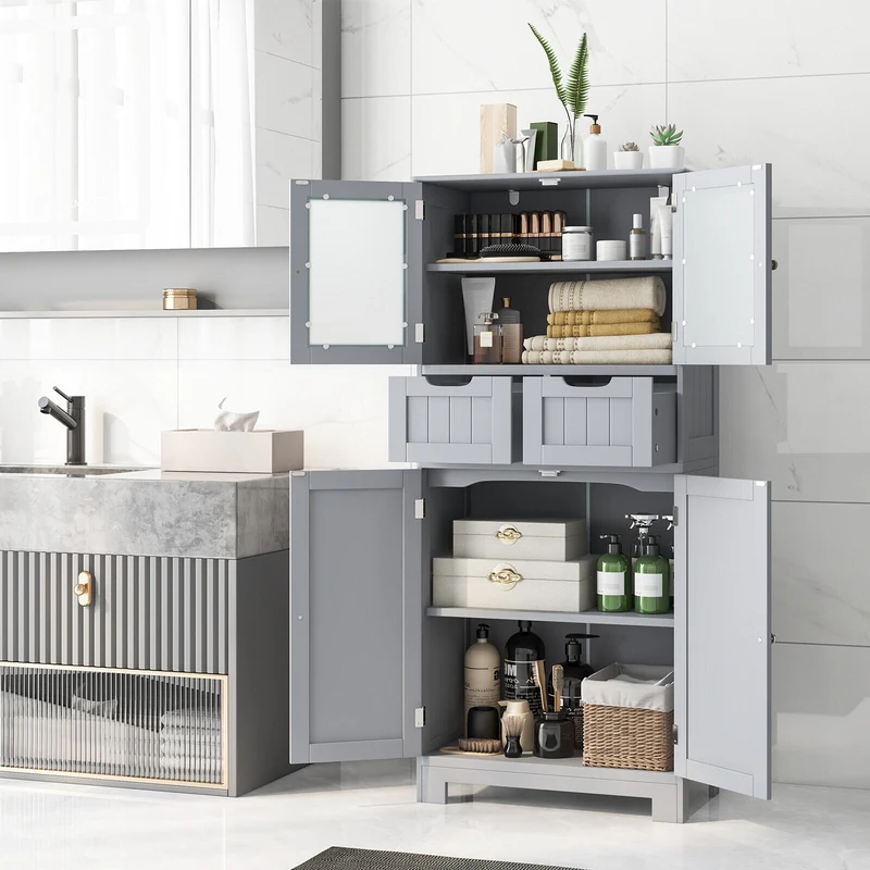 4 Door Free-Standing Bathroom Cabinet, 2 Drawers, Glass Doors, Gray