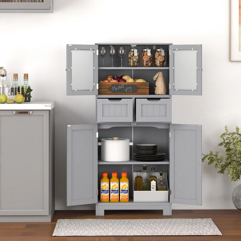4 Door Free-Standing Bathroom Cabinet, 2 Drawers, Glass Doors, Gray