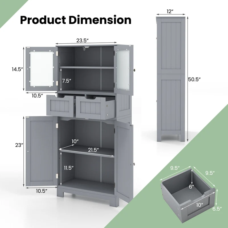 4 Door Free-Standing Bathroom Cabinet, 2 Drawers, Glass Doors, Gray