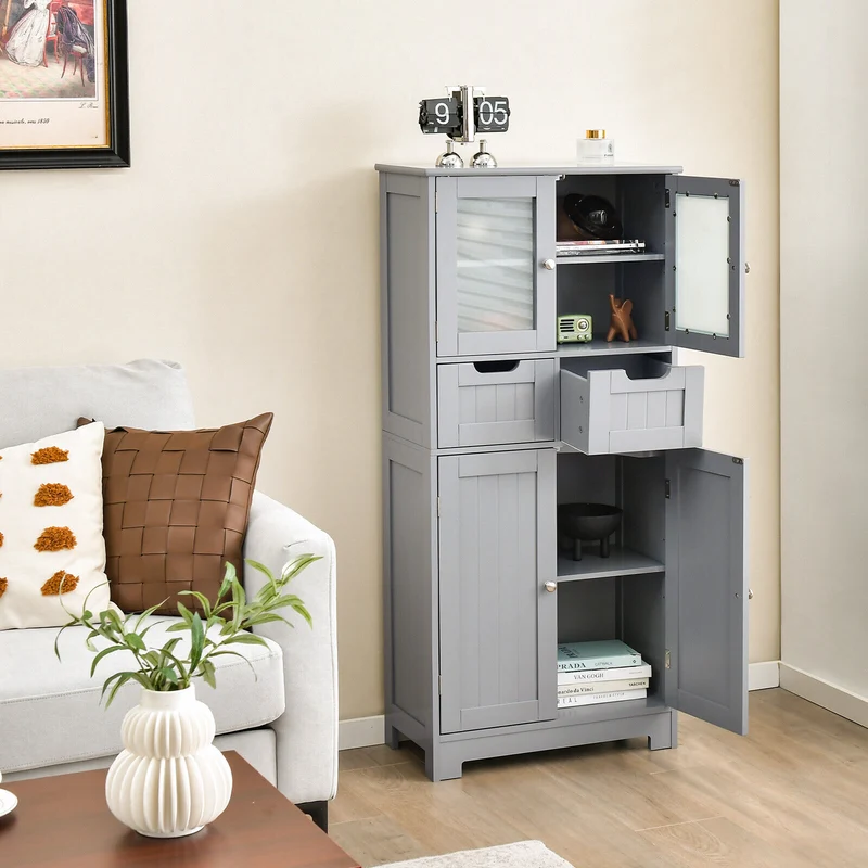 4 Door Free-Standing Bathroom Cabinet, 2 Drawers, Glass Doors, Gray
