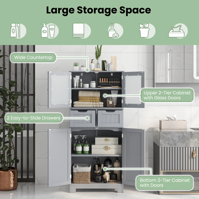 4 Door Free-Standing Bathroom Cabinet, 2 Drawers, Glass Doors, Gray