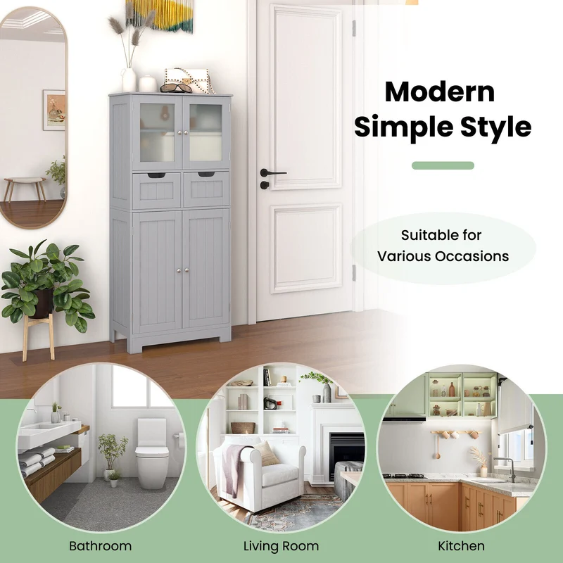 4 Door Free-Standing Bathroom Cabinet, 2 Drawers, Glass Doors, Gray