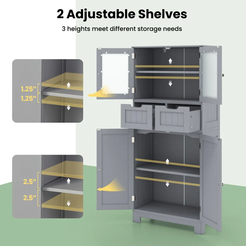 4 Door Free-Standing Bathroom Cabinet, 2 Drawers, Glass Doors, Gray