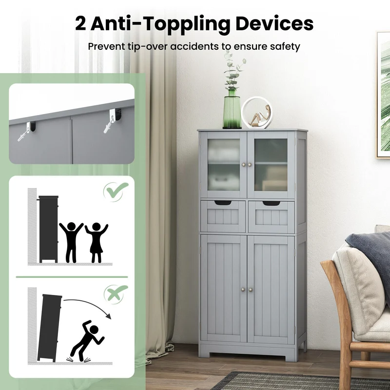 4 Door Free-Standing Bathroom Cabinet, 2 Drawers, Glass Doors, Gray