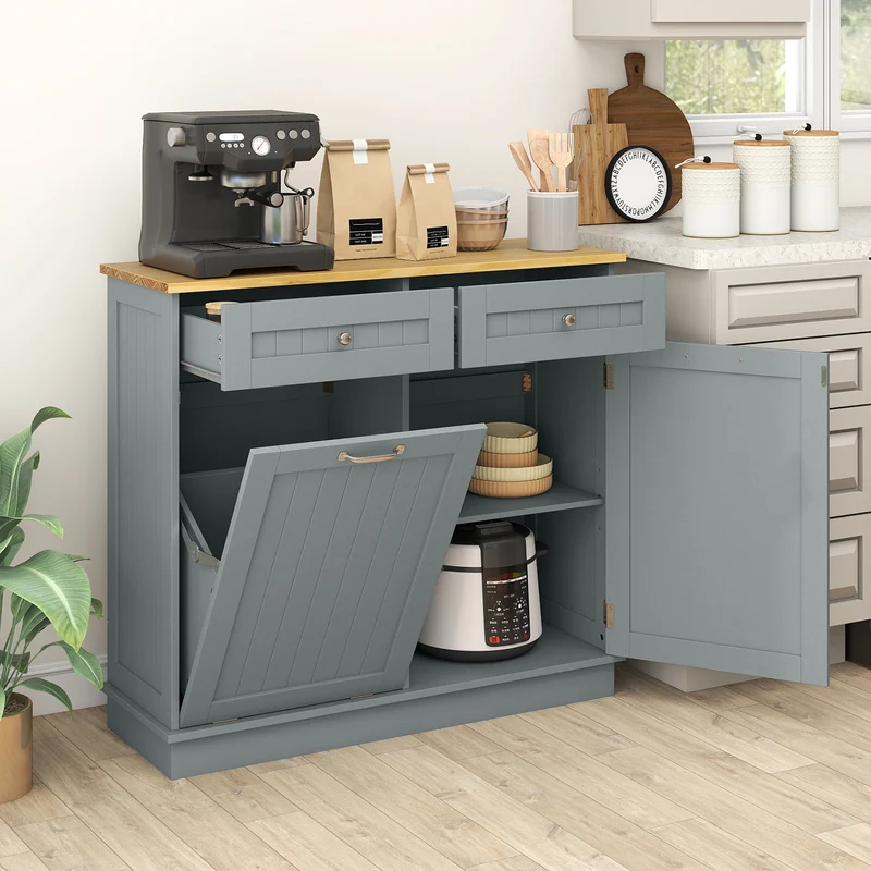 Rubber Wood Kitchen Trash Cabinet, Single Can Holder, Adjustable Shelf, Gray