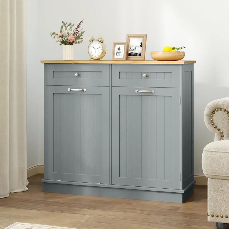 Rubber Wood Kitchen Trash Cabinet, Single Can Holder, Adjustable Shelf, Gray