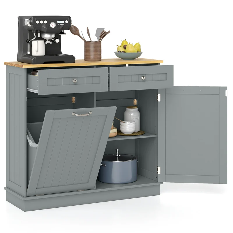 Rubber Wood Kitchen Trash Cabinet, Single Can Holder, Adjustable Shelf, Gray