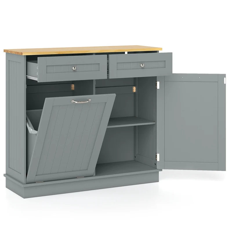 Rubber Wood Kitchen Trash Cabinet, Single Can Holder, Adjustable Shelf, Gray