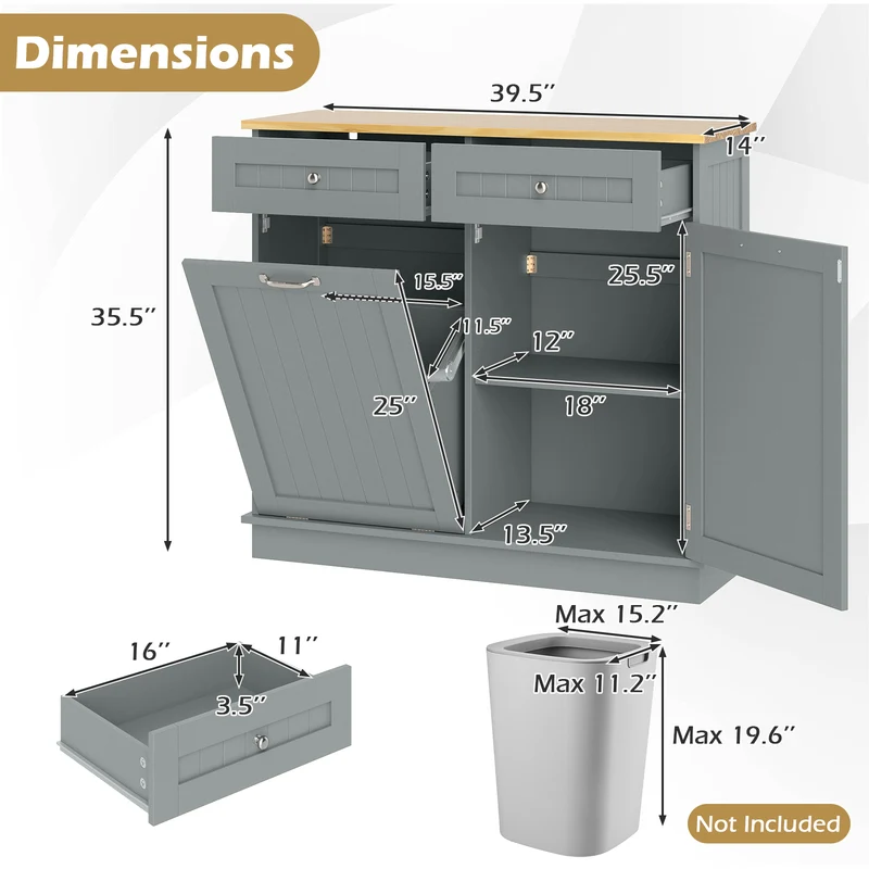 Rubber Wood Kitchen Trash Cabinet, Single Can Holder, Adjustable Shelf, Gray