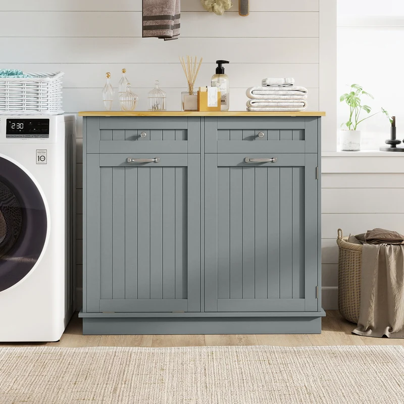 Rubber Wood Kitchen Trash Cabinet, Single Can Holder, Adjustable Shelf, Gray