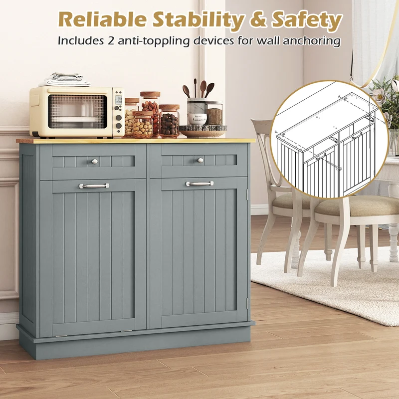 Rubber Wood Kitchen Trash Cabinet, Single Can Holder, Adjustable Shelf, Gray