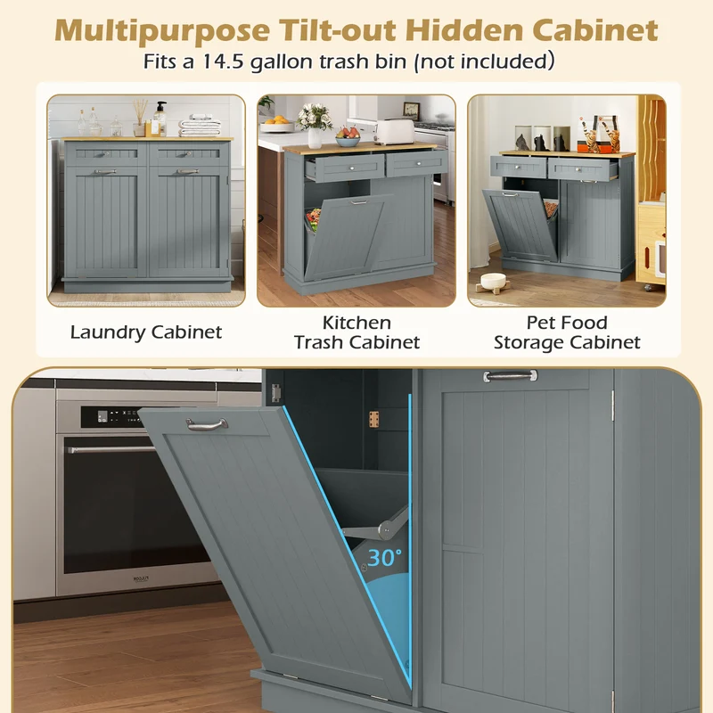 Rubber Wood Kitchen Trash Cabinet, Single Can Holder, Adjustable Shelf, Gray