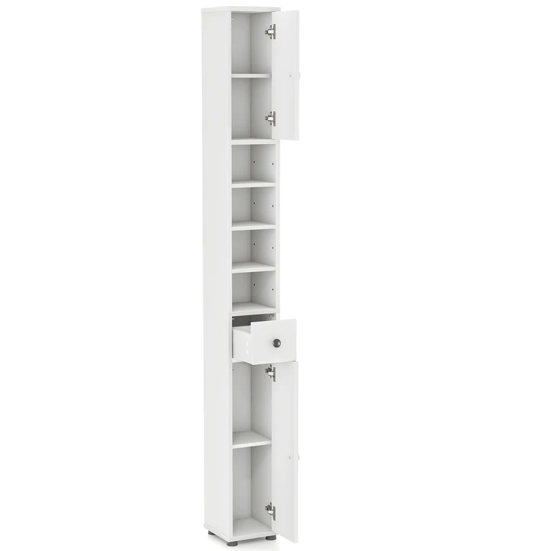 Freestanding Slim Bathroom Cabinet, Drawer, Adjustable Shelves, White