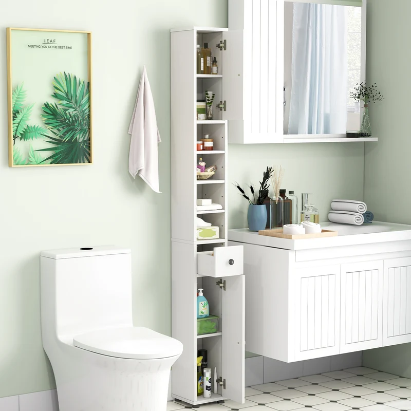 Freestanding Slim Bathroom Cabinet, Drawer, Adjustable Shelves, White
