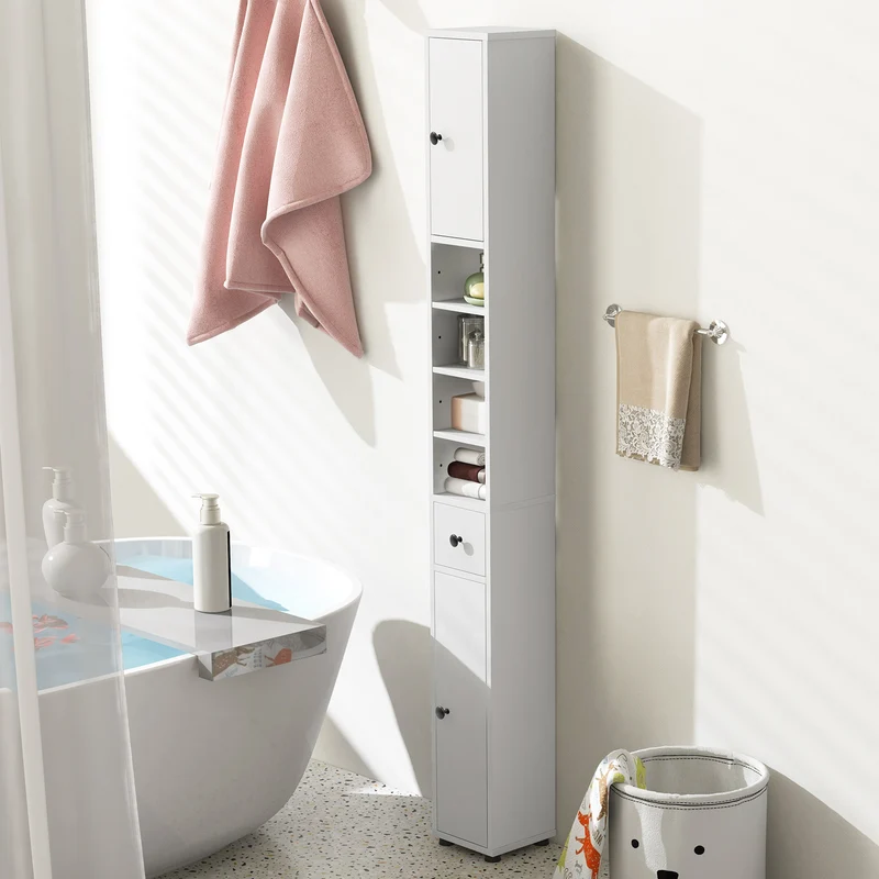 Freestanding Slim Bathroom Cabinet, Drawer, Adjustable Shelves, White