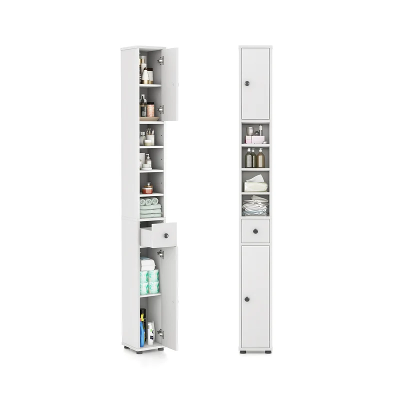Freestanding Slim Bathroom Cabinet, Drawer, Adjustable Shelves, White