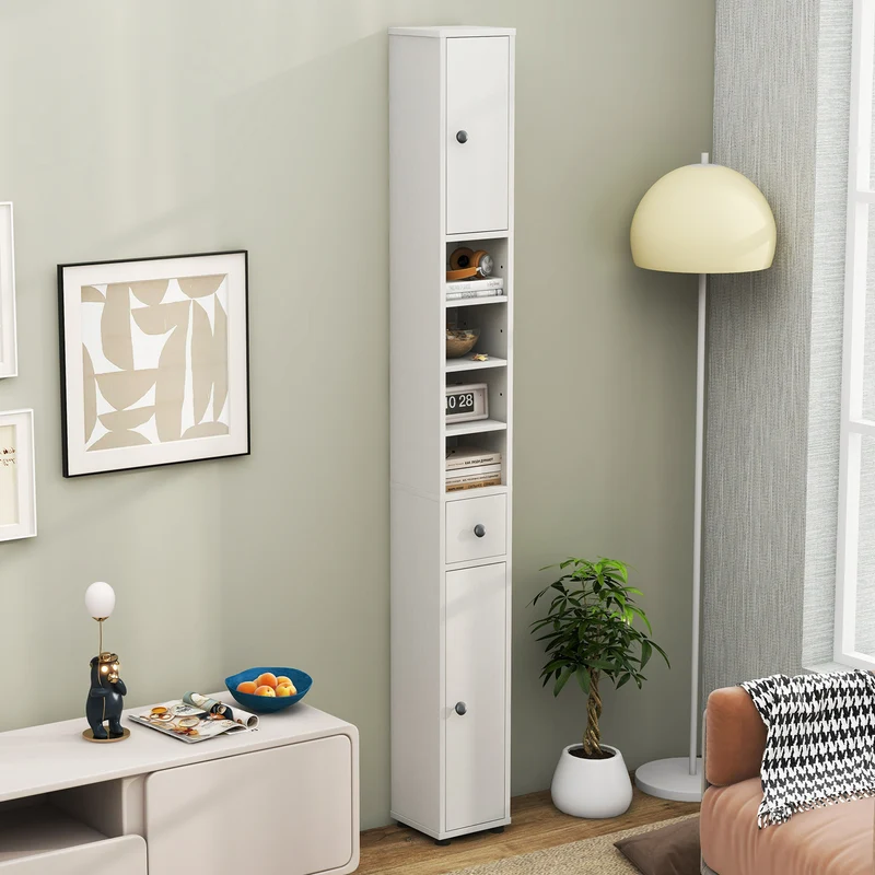 Freestanding Slim Bathroom Cabinet, Drawer, Adjustable Shelves, White