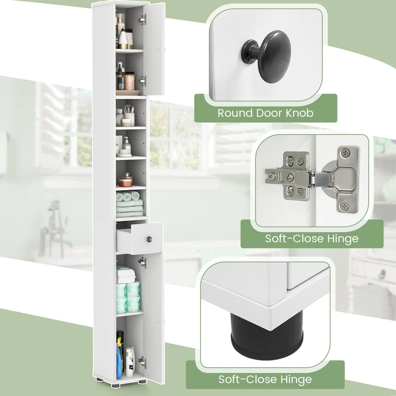 Freestanding Slim Bathroom Cabinet, Drawer, Adjustable Shelves, White