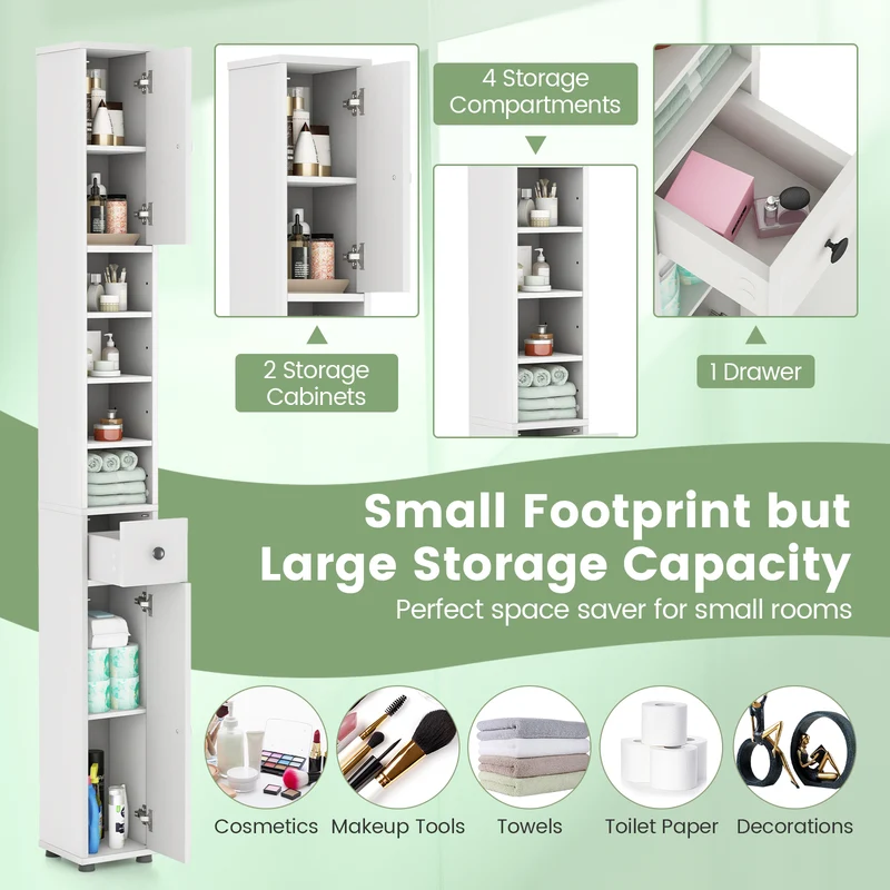 Freestanding Slim Bathroom Cabinet, Drawer, Adjustable Shelves, White