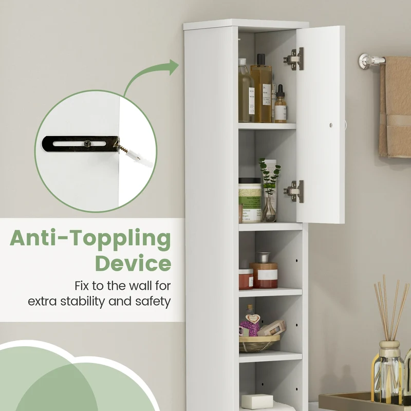 Freestanding Slim Bathroom Cabinet, Drawer, Adjustable Shelves, White
