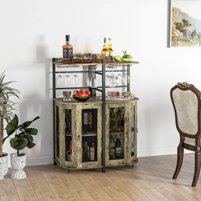 Industrial Corner Bar Cabinet, Adjustable Shelf, Glass Holder, Taupe