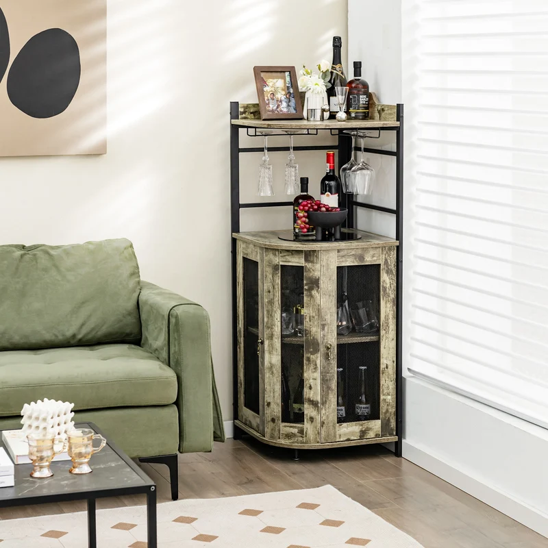 Industrial Corner Bar Cabinet, Adjustable Shelf, Glass Holder, Taupe