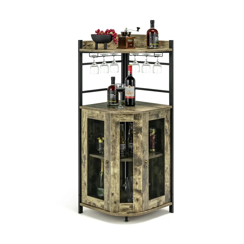 Industrial Corner Bar Cabinet, Adjustable Shelf, Glass Holder, Taupe