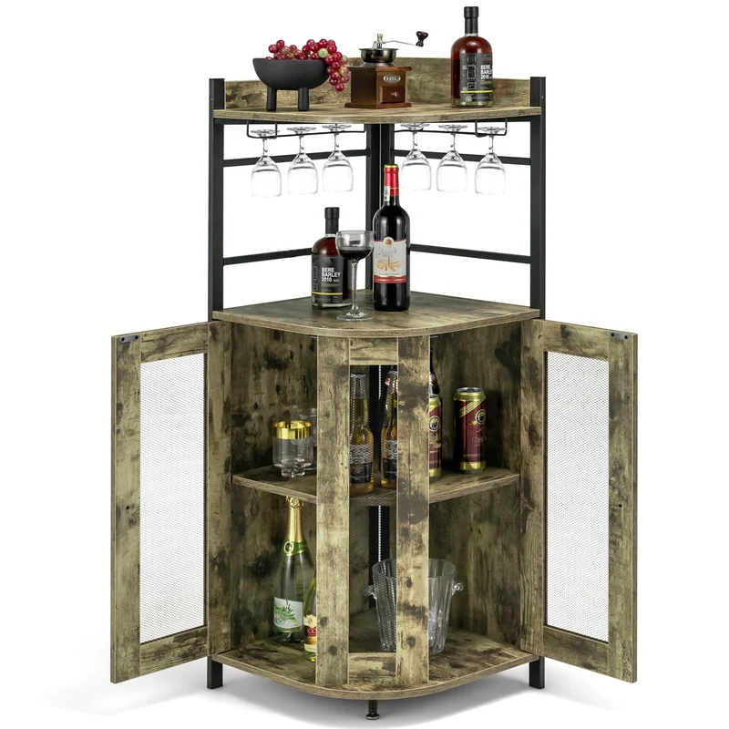 Industrial Corner Bar Cabinet, Adjustable Shelf, Glass Holder, Taupe