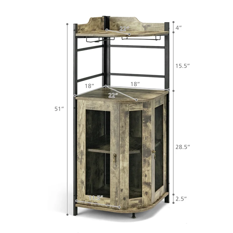 Industrial Corner Bar Cabinet, Adjustable Shelf, Glass Holder, Taupe
