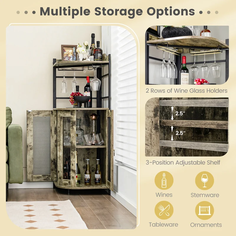 Industrial Corner Bar Cabinet, Adjustable Shelf, Glass Holder, Taupe