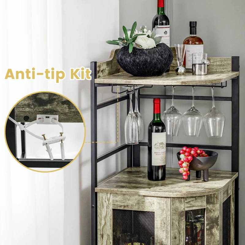 Industrial Corner Bar Cabinet, Adjustable Shelf, Glass Holder, Taupe