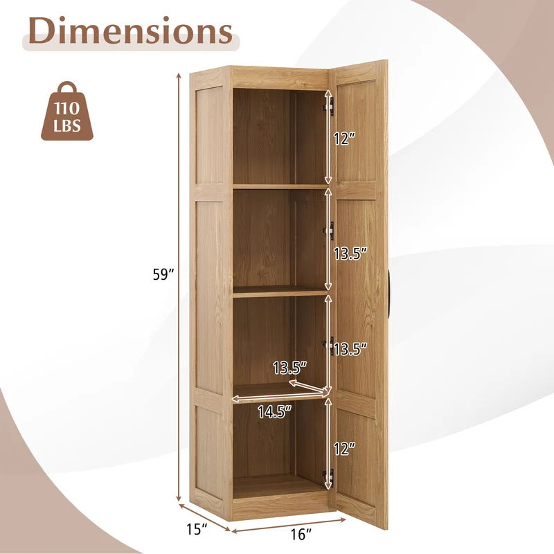 Tall Storage Cabinet, 4 Shelves, Natural