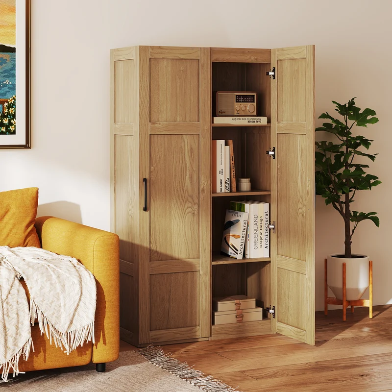 Tall Storage Cabinet, 4 Shelves, Natural