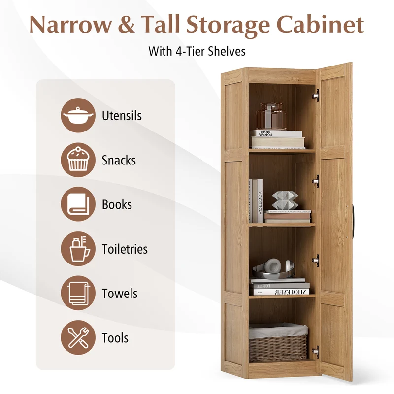 Tall Storage Cabinet, 4 Shelves, Natural