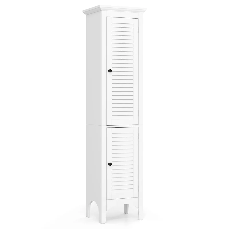 Tall Bathroom Floor Cabinet, Shutter Doors, Adjustable Shelf, White